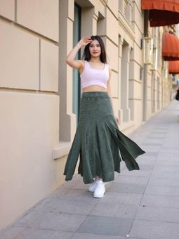 Haki Bohem Yıkamalı Parçalı Beli Lastikli Astarlı Koton Uzun Etek