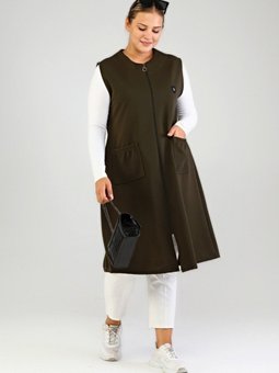 Kadin Buyuk Beden Battal Tesettur Uzun Kolsuz Fermuarli Yelek Haki