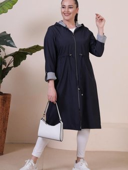 Kadin Uzun Tesettur Trenckot Buyuk Beden Fermuarlı Trenc