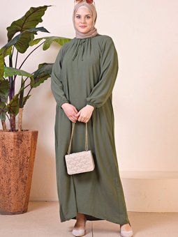 Tesettur Rahat Kalıp Kadin Buyuk Beden Elbise Viskon Haki