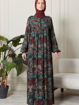 Büzgü Robadan Önü Düğmeli Viskon Kumaş Tessetür Giyim Anne Namaz Elbisesi