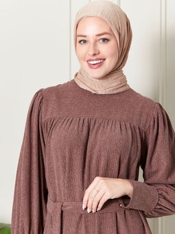 Fitilli Örgü İnce Kadife Kumaş Kemerli Kuşaklı Kışlık Göğüs Üstü Robadan Prenses Kol Elbise