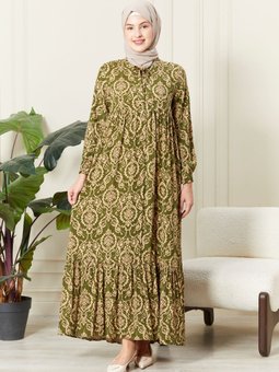 Önden Düğmeli Viskon Elbise Anne Elbisesi Pamuklu Kumaş Geniş Beden