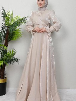 Fiyonk Detay İpek Abiye Elbise Bej