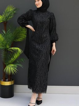 Tül İşleme Kalem Abiye Elbise Siyah