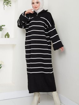 Çizgili İspanyol Kol Fermuarlı Kamyoncu Yaka Triko Elbise Siyah Hm2566