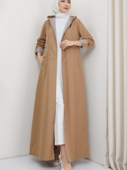 Kapüşonlu Çizgili Uzun Trençkot Vizon Hm2332