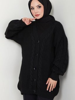 Saç Örgülü Balon Kol Triko Hırka Siyah Hm2561