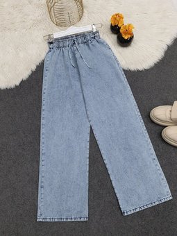 Bol Paça Beli Lastikli Bağcık Detaylı Kot Pantolon