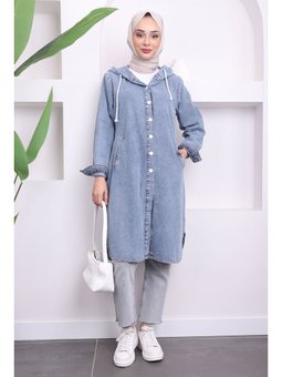 Mavi Kapüşonlu Cepli Kot Kap