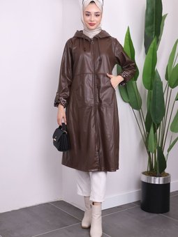 Kahverengi Kapüşonlu Kol Katlı Deri Trençkot