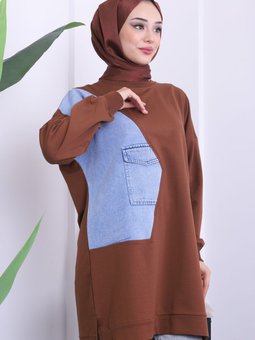 Kahverengi Kot Detaylı Bisiklet Yaka Iki Iplik Sweat