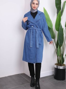 Koyu Mavi Taş Detaylı Kot Trenç