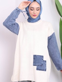 Krem Kol Kot Detaylı Triko Tunik