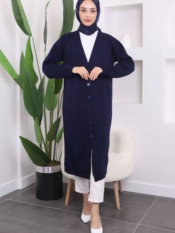 Lacivert Düğmeli Uzun Triko Hırka