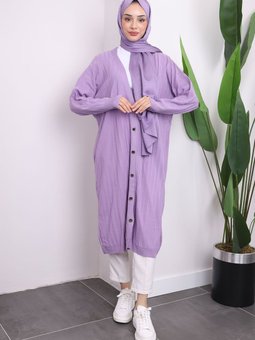 Lila Düğmeli Uzun Triko Merserize Hırka