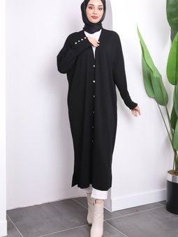 Siyah Düğmeli Uzun Soğuk İplik Merserize Hırka