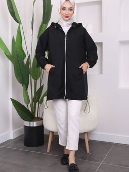 Siyah Kapüşonlu Fermuarlı Trençkot