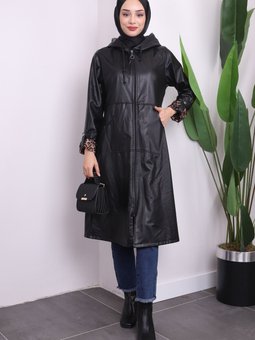 Siyah Kapüşonlu Kol Katlı Deri Trençkot