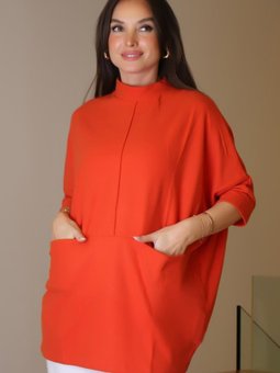 Kırmızı Yarım Kollu Cepli Tunik