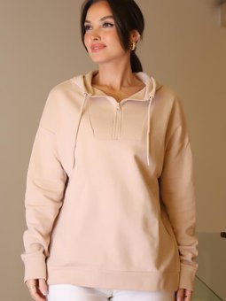 K.pudra Kapüşonlu Yakası Fermuarlı Pudra Sweatshirt