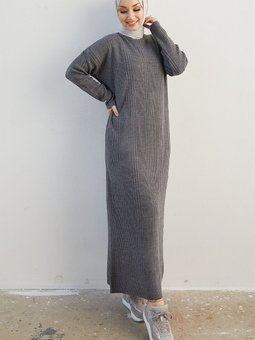 Arissa Balıkçı Yaka Uzun Triko Elbise Gri