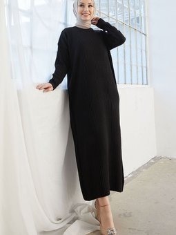 Arissa Balıkçı Yaka Uzun Triko Elbise Siyah