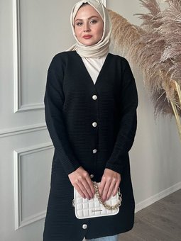 Basic Fitilli Siyah Triko Hırka