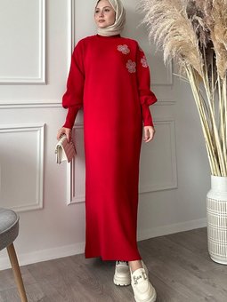 Çiçek Taşlı Balon Kol Kırmızı Triko Elbise