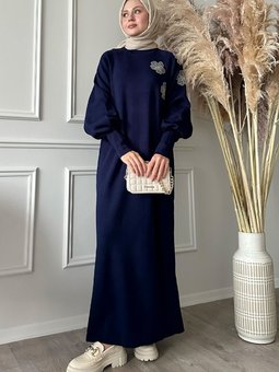 Çiçek Taşlı Balon Kol Lacivert Triko Elbise