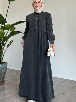 Çift Cepli Siyah Kot Elbise