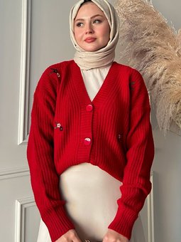 Helly Papatya İşlemeli Hırka Kırmızı