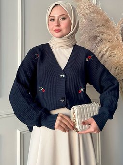 Helly Papatya İşlemeli Hırka Lacivert