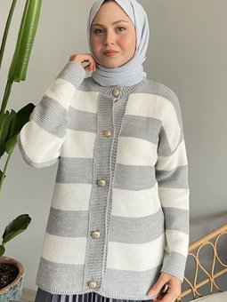 Kalın Şeritli Gri Triko Hırka