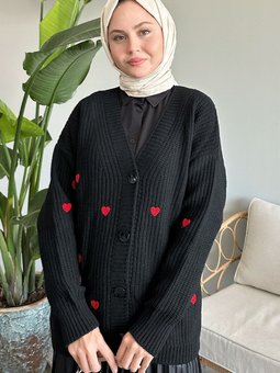 Kalp Desenli Siyah Triko Hırka