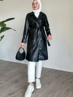 Kemerli Dar Kalıp Deri Trenç Siyah