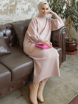 Mina Balon Kol Triko Elbise Pudra