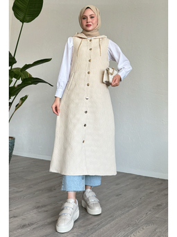 Zincir Detaylı Kapüşonlu Uzun Bej Yelek