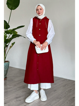 Zincir Detaylı Kapüşonlu Uzun Bordo Yelek