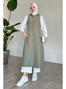 Zincir Detaylı Kapüşonlu Uzun Haki Yelek