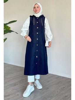 Zincir Detaylı Kapüşonlu Uzun Lacivert Yelek