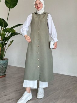 Zincir Detaylı Kapüşonlu Uzun Yelek Haki