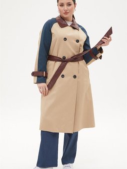 Deri Garnili Parçalı Bej Trençkot