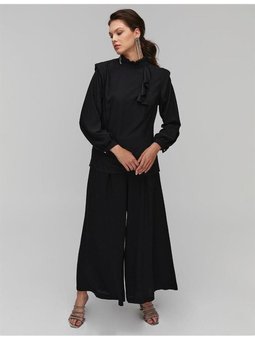 Fırfır Yaka Crinkle Siyah Bluz