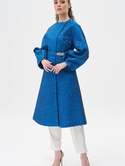 Jakarlı Animal Print Desen Kobalt Mavi Ceket