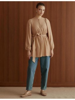 Jakarlı Balon Kol Camel Bluz