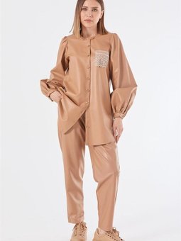 Sıfır Yaka Suni Deri Bej Bluz