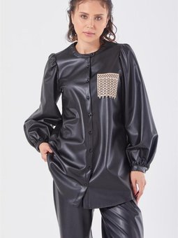 Sıfır Yaka Suni Deri Siyah Bluz
