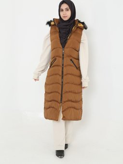 Kapişonlu Fermuar Ayrıntılı Uzun Şişme Yelek