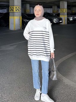 Çizgili Ocean Baskılı Sweat